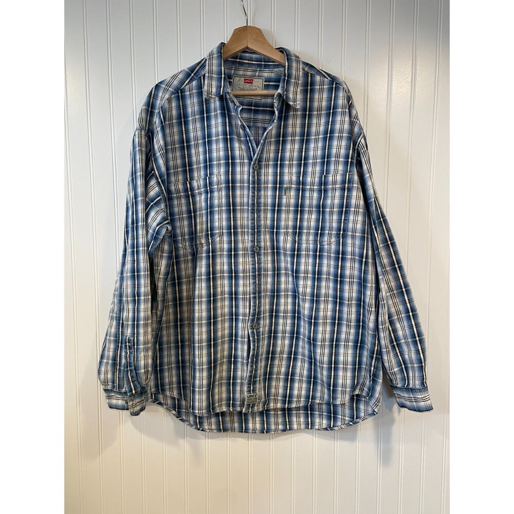 Levi's Shirt Men's XL Long Sleeve Blue Plaid Utility Button-Down, Heavy weight